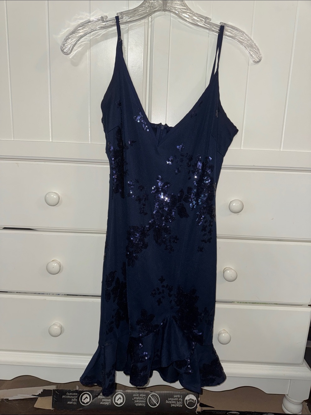 Showpo Navy Sequin Spaghetti-Strap Mini Dress with Ruffle Hem